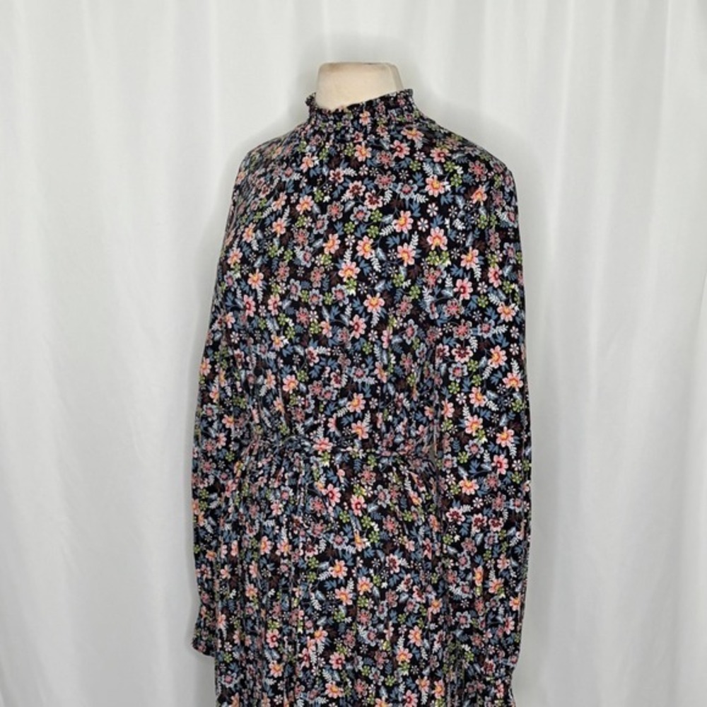 BODEN Floral Shift Dress Black Opulent Leaf Tie Waist Smocked 16 18 Tall Long - Picture 8 of 16
